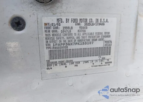 1993 Ford Tempo Gl из США, поврежденный, VIN 1FAPP36X7PK153107